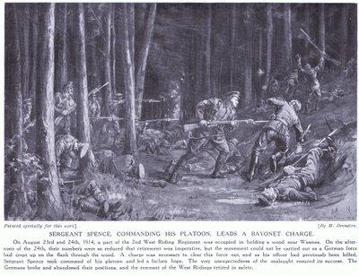 Spence őrmester DCM-et kapott, mert szakasza vezetésével szuronyrohamot vezetett a Wasmes melletti erdőben 2014 augusztusában (litho). alkotó: Margaret Dovaston