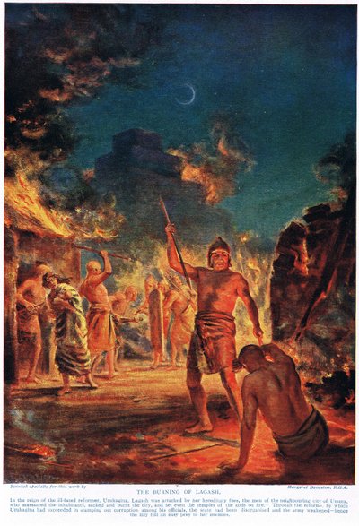 Lagash felgyújtása, illusztráció Hutchinson "History of the Nations" című művéből (színes litográfia) alkotó: Margaret Dovaston