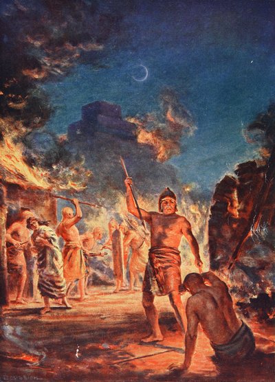 Lagash felgyújtása, illusztráció Hutchinson "History of the Nations" című művéből, 1910 körül (színes litográfia). alkotó: Margaret Dovaston