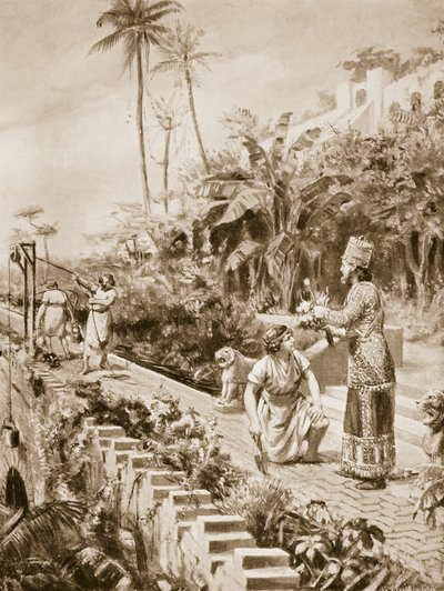 Babilon függőkertjei, illusztráció Hutchinson "History of the Nations" című művéből (litográfia) alkotó: Margaret Dovaston