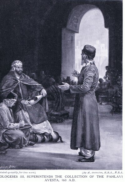 III. Vologesisz felügyeli a pahlavi aveszta gyűjtését Kr. u. 160 (litográfia) alkotó: Margaret Dovaston