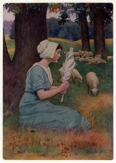Chaucer Canterbury-meséi: "Egyszerre gondozza a nyájait, és mozgalmasan forog" (színes litó) alkotó: Maria Louise Kirk