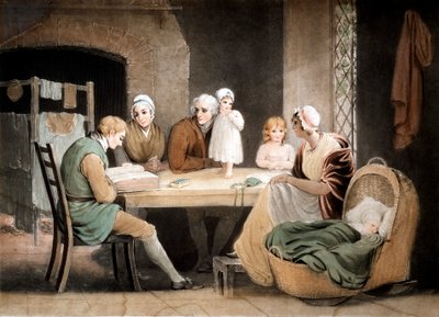 Három generáció hallgat egy felolvasást a családi Bibliából, c1800 alkotó: Maria Spilsbury