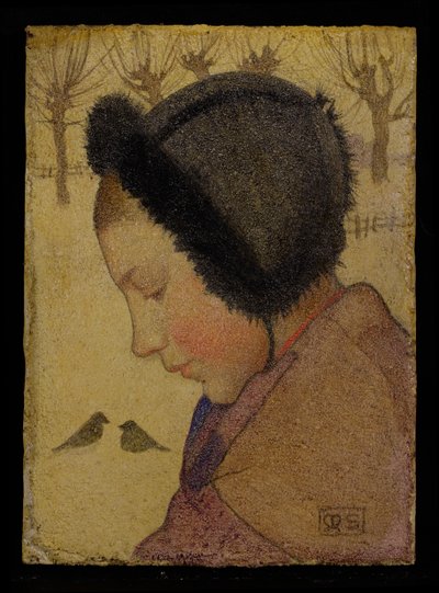 Egy fiatal lány feje szőrmekalapban (olaj és gesso a fedélzeten) alkotó: Marianne Stokes