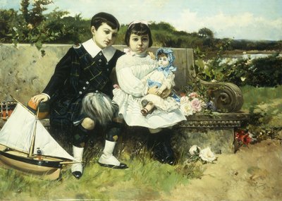Két gyerek ül egy padon, 1882 alkotó: Mariano Barbasan Lagueruela