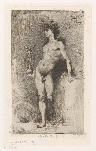 Meztelen férfi Nike-kal La Victoire (cím a tárgyon) alkotó: Mariano José María Bernardo Fortuny y Carbó