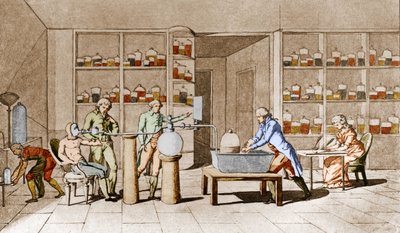 Antoine Laurent de Lavoisier (1743-1794), francia kémikusnak van tapasztalata az ember nyugalmi légzéséről. Mme Lavoisier rajzából.Párizs 18. század. Leemage kollekció alkotó: Marie Anne Pierrette Lavoisier