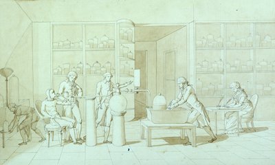 Antoine Lavoisier (1743-94) és kísérletei a légzéssel (toll, tinta és szépia mosás papíron) alkotó: Marie Anne Pierrette Lavoisier