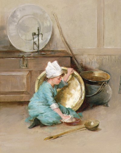 Sárgaréz polírozása, 1900 körül (olaj, tábla) alkotó: Marie Elizabeth Seymour Lucas