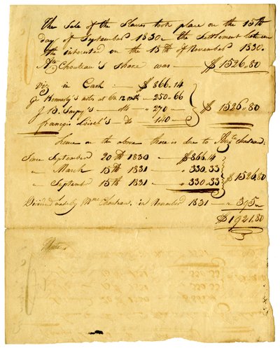 Dokumentum a rabszolgák és részvények eladásáról különböző személyek számára, 1831. november alkotó: Marie Therese Cerre Chouteau