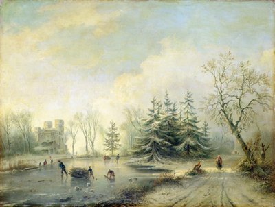 Fák, vár és korcsolyázó figurák (olaj, tábla) alkotó: Marinus Adrianus Koekkoek