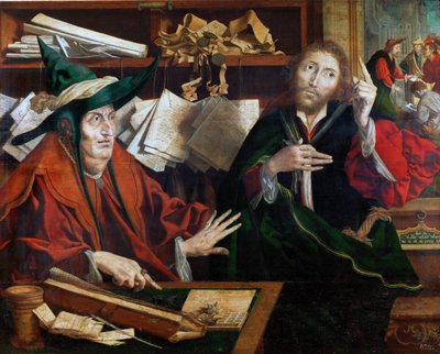 La parabole du gerant malhonnete – Példabeszéd az igazságtalan intézőről, Reymerswaele, Marinus Claesz, van (kb. 1490-1567 után). Olaj, fa, 1540 körül. Mérete: 77x96,5 cm. Művészettörténeti Múzeum, Vienne alkotó: Marinus van Reymerswaele