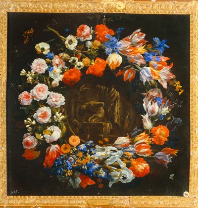 Virágkoszorú, középen Izsák feláldozásával. alkotó: Mario (follower of) Nuzzi