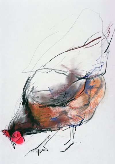 Feeding Hen, Trasierra, 1998 (grafit, konte és szén papíron) alkotó: Mark Adlington