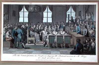 VII. Pius pápa látogatása a párizsi Vakok Intézetében, amelynek vezetője Bertrand úr, Valentin Hauy (1745-1822) utódja, 1805. február 28. (színes metszet). alkotó: Marle Marle