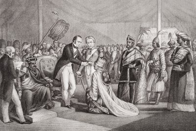 Grand Durbar Cawnpore-ban a Sepoy-lázadás leverése után, 1858, „Az angol és skót történelem illusztrációi” II. alkotó: Marshall Claxton