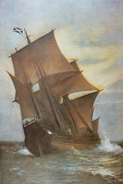 A zarándokatyákat az Atlanti-óceánon át Amerikába szállító Mayflower 1620-ban (olaj, vászon) alkotó: Marshall Johnson