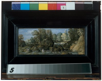 A landscape with a watermill, a bridge crossing a river, and a fisherman with a net in the foreground alkotó: Marten Ryckaert