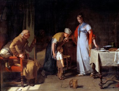Egy fiatal nő egy boldogtalan családon segít Martin Drolling festménye (1752-1817) 19. századi Caen, Musee des Beaux Arts alkotó: Martin Drölling