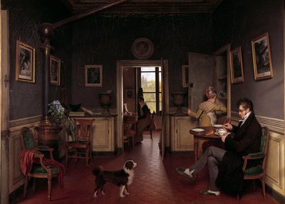 Egy ebédlő belső képe 1815-ben Egy papucsos férfi a kutya szeme láttára fogyasztja el a reggelijét. Martin Drolling (1752-1817) festménye alkotó: Martin Drölling