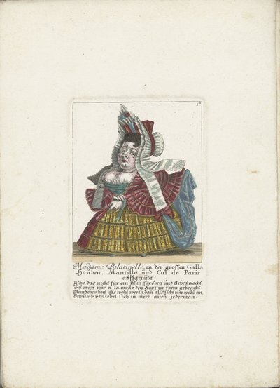 De Franse dwerg Madame Palatinelle, 1710 körül Madame Palatinelle, motorháztetők, mantilla és cul de Paris felöltözve a nagy Gallában (cím a tárgyon) Il Callotto resurcitato vagy újonnan berendezett kis szekrény (sorozat címe) alkotó: Martin Engelbrecht (attributed to)