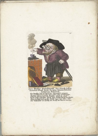 De werg Blasius Rauchmantl als alkimista, kb. 1710 Herr Blasius Rauchmantl, der frucht-loßen Alchimie kunst Arch-szektárius, a Bolondok Ötödik Esszenciájának birtokosa (cím a tárgyon) Il Callotto resurcitato oder Neu eingrichtes Zwerchen Cabinet (ti soroza alkotó: Martin Engelbrecht (attributed to)