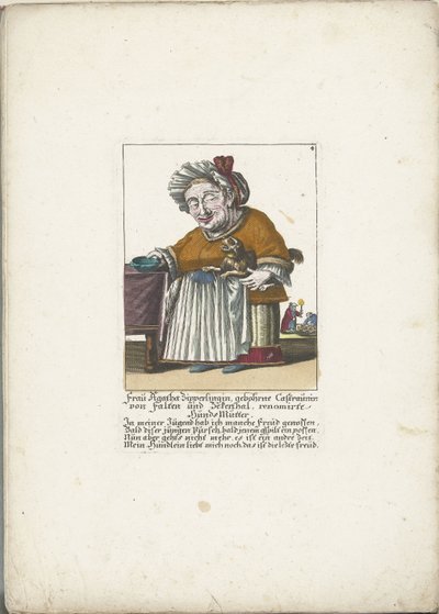 De dwerg Frau Agatha Zipperlingin, hondje, 1710 körül Mrs. Agatha Zipperlingin, született Castaunin von Falten und Zeckerthal, neves kutyaanya (cím a tárgyon) Il Callotto resurcitato vagy újonnan berendezett kis szekrény (sorozat címe) alkotó: Martin Engelbrecht (attributed to)