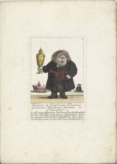 Gustavus Weinberger törpe mint papi pohárral, 1710 körül Eximius et Ponderosus Dominus Gustavus Weinberger plébánia Panzendorfban stb. (cím a tárgyon) Il Callotto resurcitato oder Neu eigerichts Zwerchen Cabinet (sorozat címe) alkotó: Martin Engelbrecht (attributed to)
