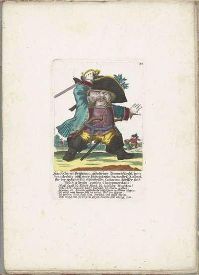 De dwerg Hanss Görge Prijhann vésztisztként, 1710 körül Hanß Görge Prijhann, született Donnerhundt, Scanderbegből egy hotendottin fattyúból Rottmeister, a vakmerő és vasevő, Catharina, köpffer és Bluth gurgln contra Champmerdant (titl alkotó: Martin Engelbrecht (attributed to)