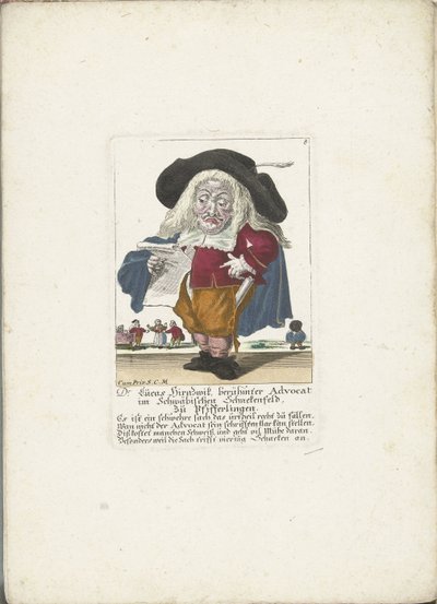 De dwerg Lucas Hirnzwik mint een advocaat, 1710 körül dr Lucas Hirnzwik, a sváb Schnekenfeld híres szószólója a rókagombáról (cím a tárgyon) Il Callotto resurcitato vagy újonnan berendezett kis szekrény (sorozat címe) alkotó: Martin Engelbrecht (attributed to)