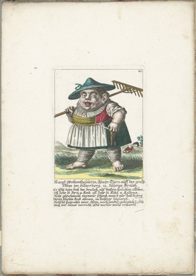 A törpe Margl Woltzenthoulerin, kb. 1710 Margl Woltzenthoulerin, Mayr-Thirn auff der grossn Olbm im Zillersberg, 12. Jährige Brauth (cím a tárgyon) Il Callotto resurcitato vagy Újonnan kinevezett Zwerchen kabinet (sorozat címe) alkotó: Martin Engelbrecht (attributed to)