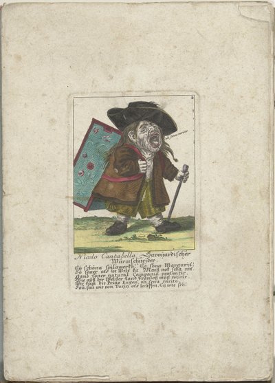 Nicolo Cantabella dwerg, 1710 körül Nicolo Cantabella, Savoyard féregvágó (cím a tárgyon) Il Callotto resurcitato vagy újonnan berendezett kis szekrény (sorozat címe) alkotó: Martin Engelbrecht (attributed to)