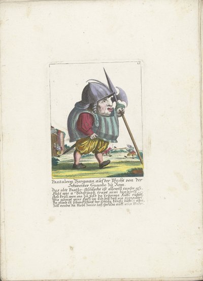 A dwerg Pantaleon Bürgman van de Zwitserse Garde te Rome, 1710 körül Pantaleon Bürgman, a svájci gárda őrszolgálata Rómában (cím a tárgyon) Il Callotto resurcitato vagy újonnan berendezett kis szekrény (sorozat címe) alkotó: Martin Engelbrecht (attributed to)