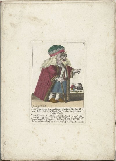 A dwerg Vincentz Zipperling in een bontjas, 1710 körül Herr Vincentz Zipperling, Rath legrégebbi rokona Hirschauban, kényelmes, laza kabátjában (cím a tárgyon) Il Callotto resurcitato vagy újonnan berendezett kis szekrény (sorozat címe) alkotó: Martin Engelbrecht (attributed to)