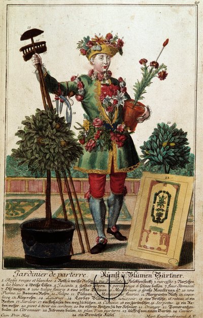 Egy kertész. Martin Engelbrecht (1684-1756) metszete a „” Manuuries habilles új összeállítása”-ban, 18. század, Németország. Párizs, dekoratív művészet alkotó: Martin Engelbrecht