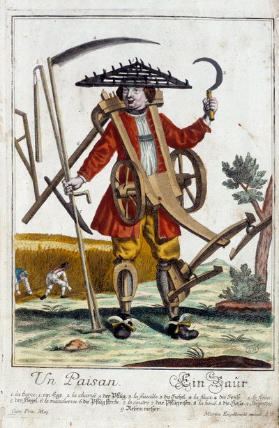 Egy paraszt. Martin Engelbrecht (1684-1756) metszete a „” Manuuries habilles új összeállítása”-ban, 18. század, Németország. Párizs, dekoratív művészet alkotó: Martin Engelbrecht