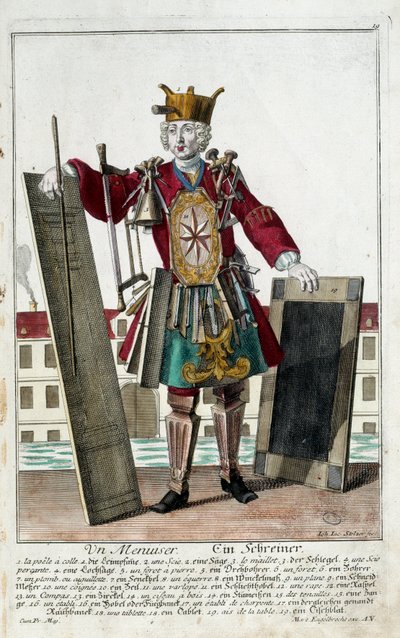 Szakember: asztalos. Martin Engelbrecht (1684-1756) metszete a „” Manuuries habilles új összeállítása”-ban, 18. század, Németország. Párizs, dekoratív művészet alkotó: Martin Engelbrecht
