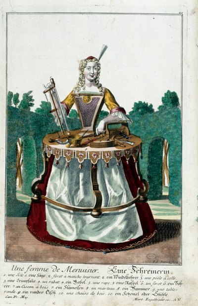 Metier: Egy asztalos felesége. Martin Engelbrecht (1684-1756) metszete a „” Manuuries habilles új összeállítása”-ban, 18. század, Németország. Párizs, dekoratív művészet alkotó: Martin Engelbrecht