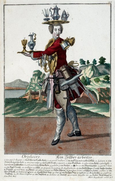 Metier: Aranyhal. Martin Engelbrecht (1684-1756) metszete a „” Manuuries habilles új összeállítása”-ban, 18. század, Németország. Párizs, dekoratív művészet alkotó: Martin Engelbrecht