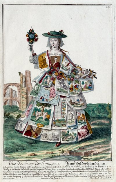 Metier: Képes eladónő. Martin Engelbrecht (1684-1756) metszete a „” Manuuries habilles új összeállítása”-ban, 18. század, Németország. Párizs, dekoratív művészet alkotó: Martin Engelbrecht