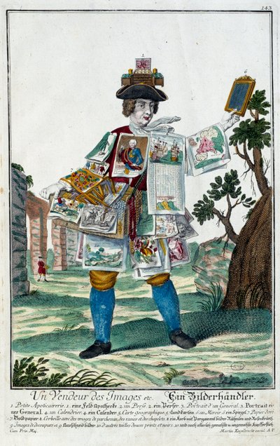 Metier: Képes eladó. Martin Engelbrecht (1684-1756) metszete a „” Manuuries habilles új összeállítása”-ban, 18. század, Németország. Párizs, dekoratív művészet alkotó: Martin Engelbrecht