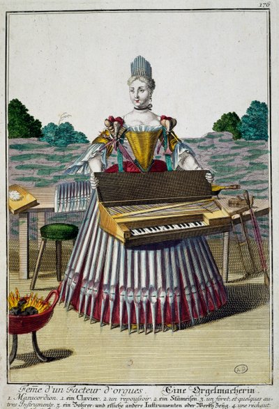 Az orgonakészítő felesége, metszet Martin Engelbrecht (1684-1756), németországi Assemblage des nouveau manouvries habilles-ből alkotó: Martin Engelbrecht