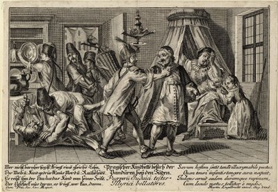Pandúrok a zsidókhoz látogató - Englebrecht, Martin (1684-1756) - kb 1756 - Rézmetszet - 21,3x30,9 - Magángyűjtemény alkotó: Martin Engelbrecht