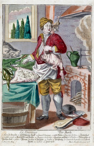 A szakács. Martin Engelbrecht (1684-1756) metszete a „” Manuuries habilles új összeállítása”-ban, 18. század, Németország. Párizs, dekoratív művészet alkotó: Martin Engelbrecht