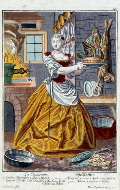 A szakács. Martin Engelbrecht (1684-1756) metszete a „” Manuuries habilles új összeállítása”-ban, 18. század, Németország. Párizs, dekoratív művészet alkotó: Martin Engelbrecht