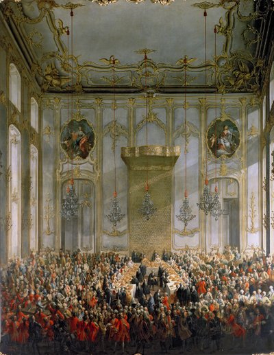 Udvari bankett a bécsi Hofburg-palota nagy előcsarnokában (részletesen lásd 68229) alkotó: Martin II Mytens or Meytens