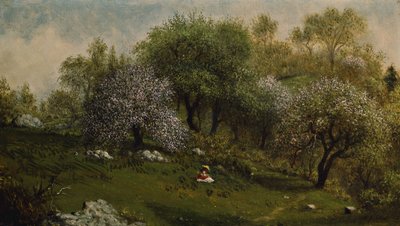 Lány a domboldalon, alma virágzik alkotó: Martin Johnson Heade