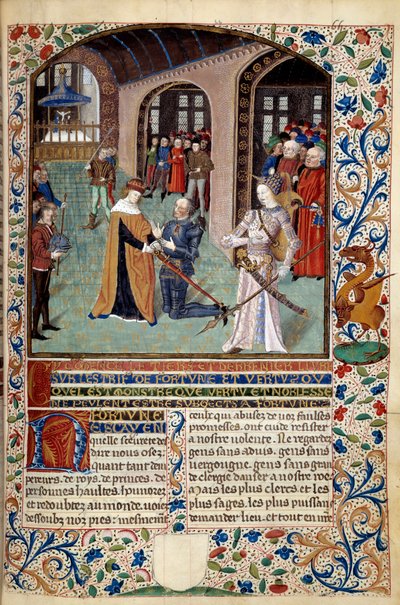 Erény allegóriája: vazallus adót fizet urának az Erény jelenlétében. Miniatűr Martin Le Franc (1410-1461) „A szerencse és erény szelleme” című művéből, 1447-1448, Paris B.N. alkotó: Martin Le Franc
