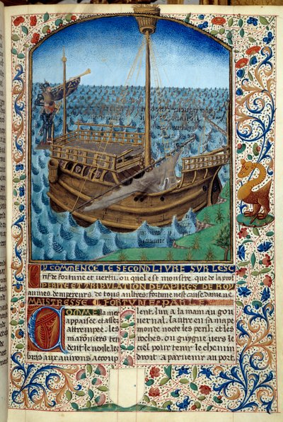 Hajóábrázolás a tengeren - Miniatűr Martin Le Franc (1410-1461) „A szerencse és erény szelleme” című könyvéből, 1447-1448 - Paris B.N. - Hajó a tengeren - Miniatűr festmény a „Szerencse és erény szelleme” kéziratból írta: Martin Le Franc (1410-1461) alkotó: Martin Le Franc