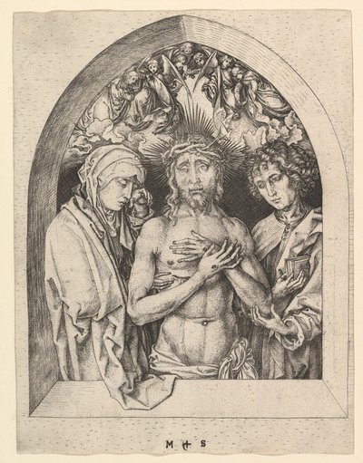 Krisztus, mint a fájdalmak embere a Szűzanyával és Szent Jánossal, kb. 1435-1491. alkotó: Martin Schongauer